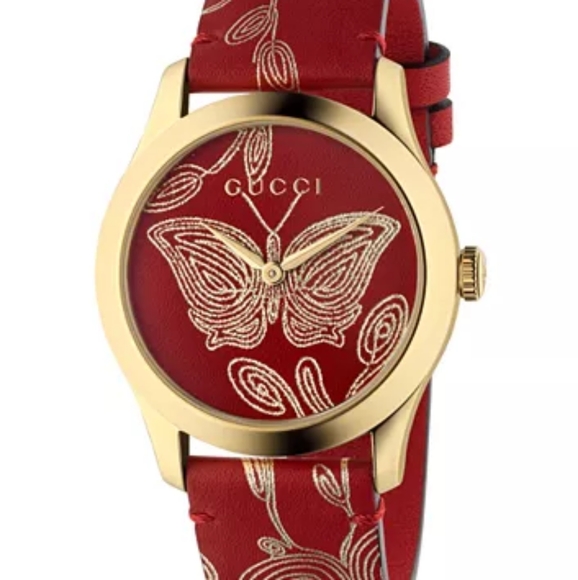 Gucci Swiss Red Hibiscus Leather Strap Watch - Picture 7 of 8